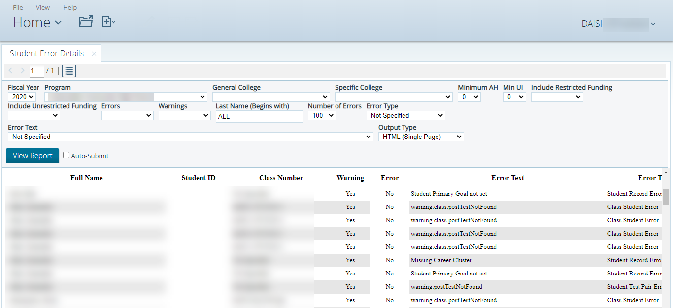 Pentaho Student Error Details page with report displayed