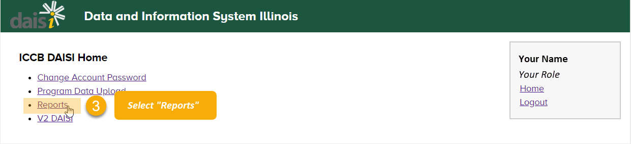 ICCB DAISI Home page with "Reports" link highlighted