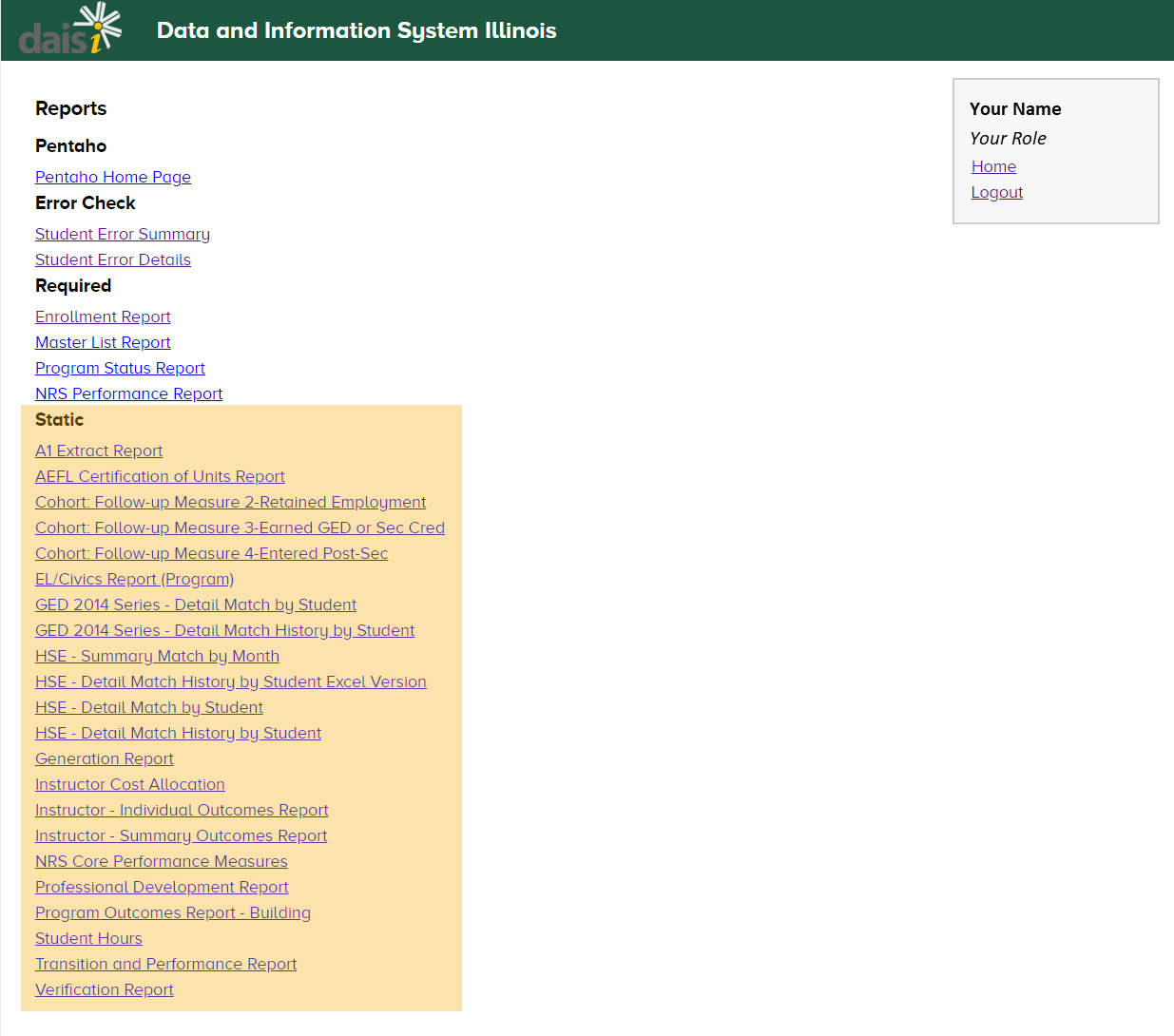 Reports home page with list of Static Reports highlighted