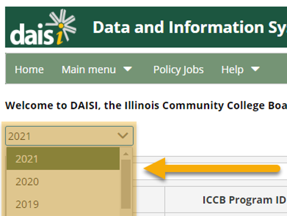 DAISI Home page with Fiscal Year drop-down menu highlighted
