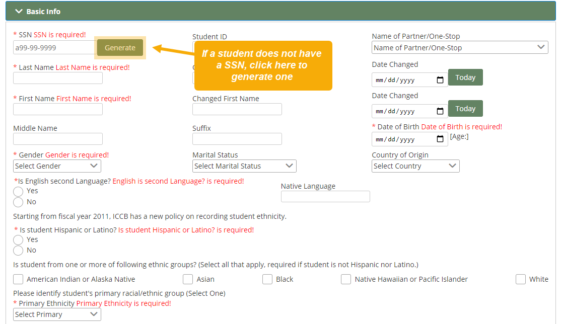 Basic Info section of Add Student page