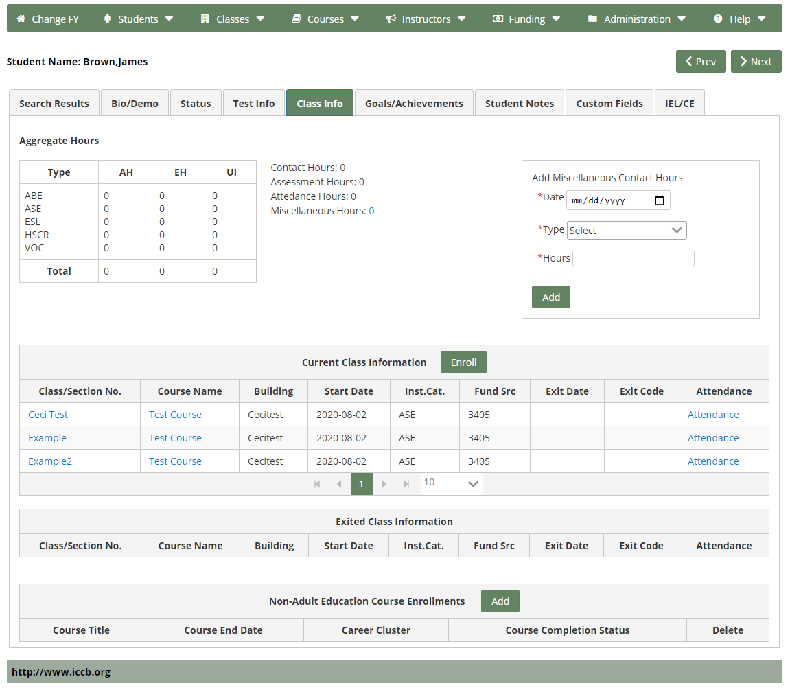 Student: Class Info page