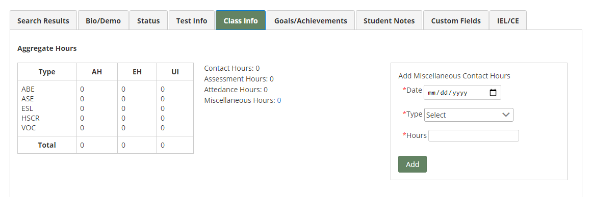Aggregate Hours section of Student: Class Info page