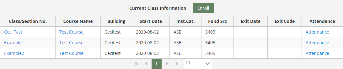 Class information table on Student: Class info page