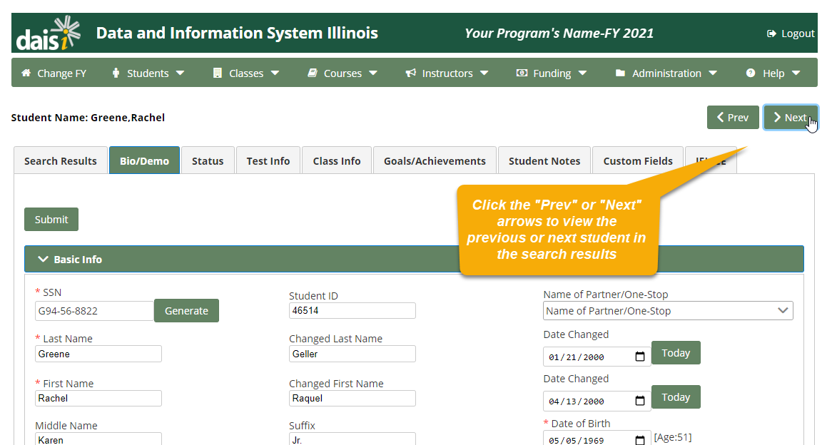 Student page with Previous and Next arrows emphasized