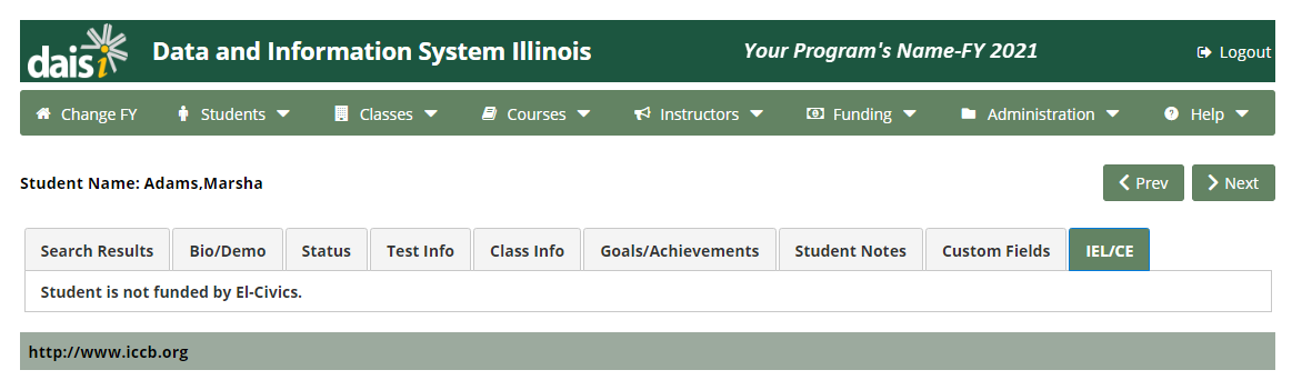 IEL/CE page with message displayed: "Student is not funded by El-Civics."