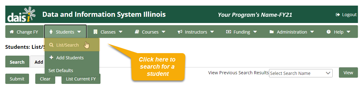 Navigation bar with Students drop-down menu expanded; the List/Search option is highlighted