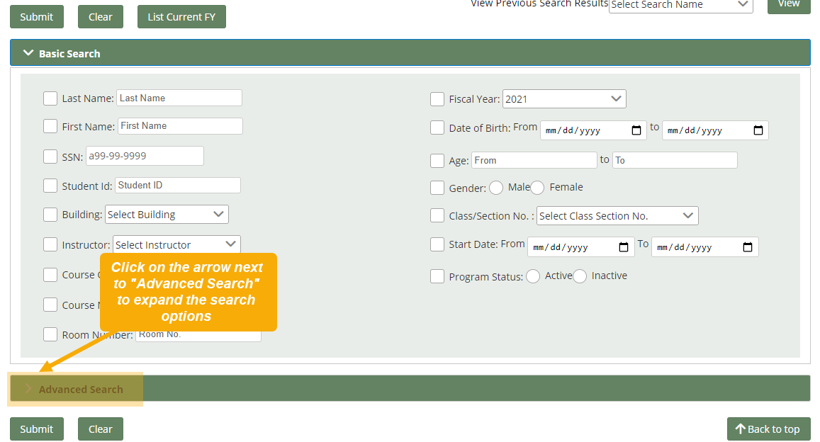 Student List/Search page with a text box that reads, "Click on the arrow next to "Advanced Search" to expand the search options"