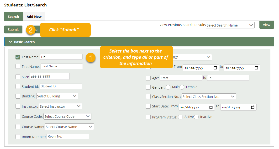 Basic Search section of Students: List/Search page with text boxes that reiterate the steps to search for a student