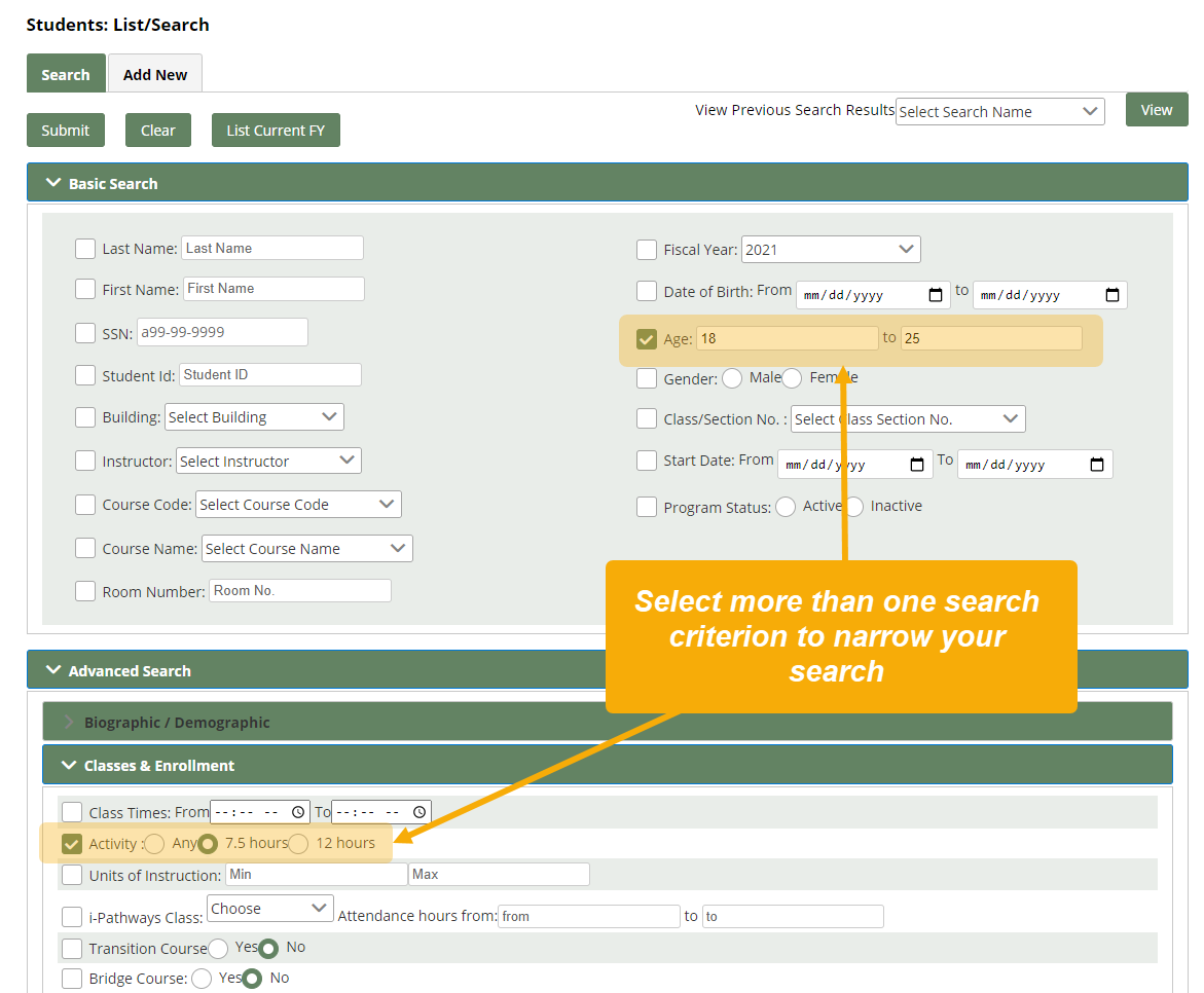 Students: List/Search page with text box that reads, "Select more than one search criterion to narrow your search."