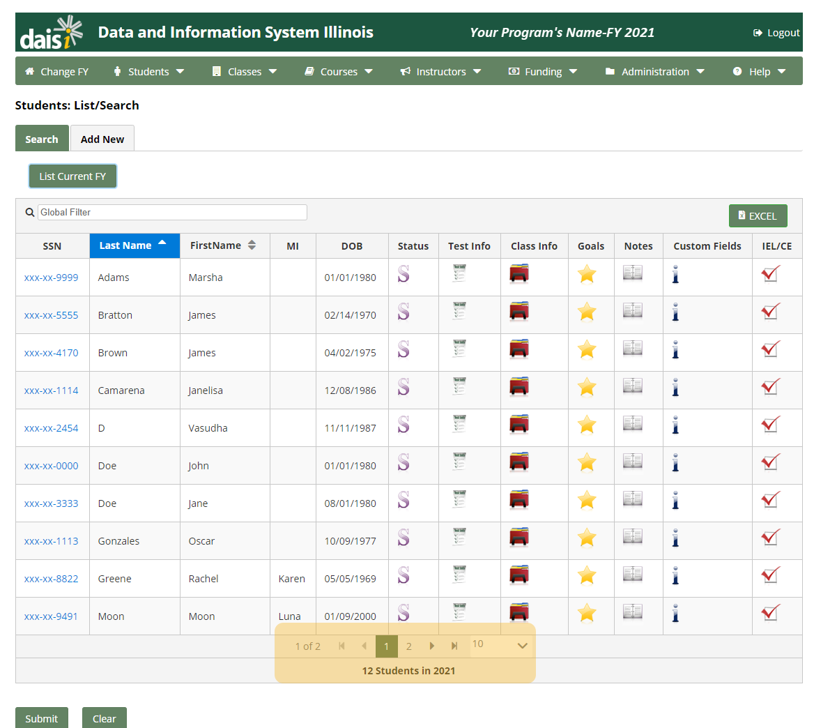 Students: List/Search Page with "List Current FY" button selected