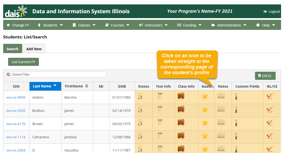 Students: List Search page with text box that reads, "Click on an icon to be taken straight to the corresponding page of the student's profile"