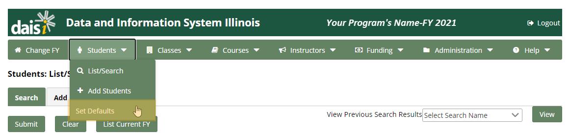 Navigation Bar with Students drop-down menu expanded and "Set Defaults" option highlighted