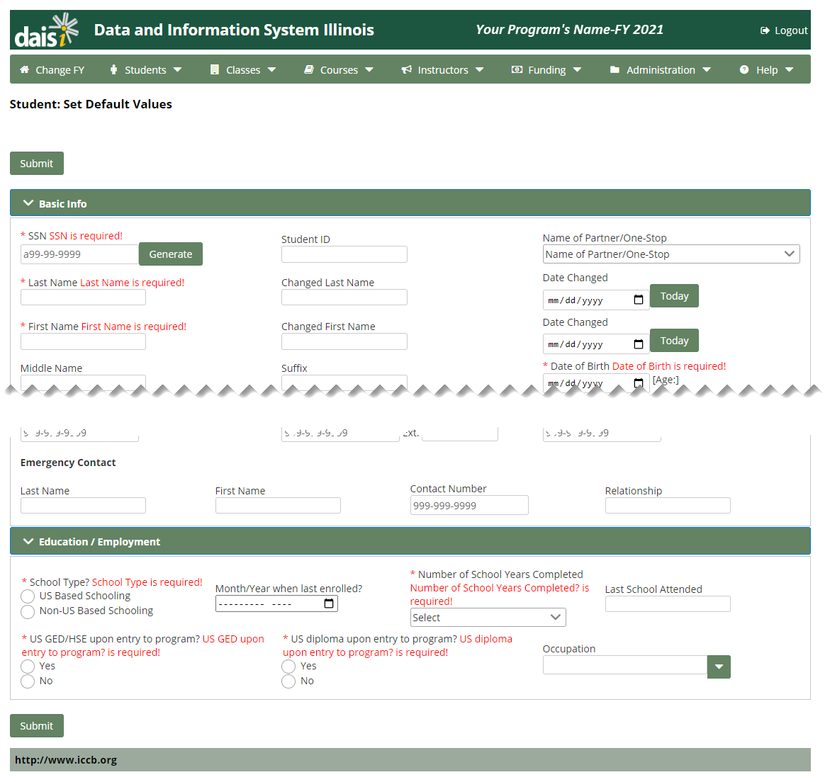 Student: Set Default Values page