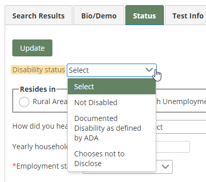 Disability Status section of Student: Status page