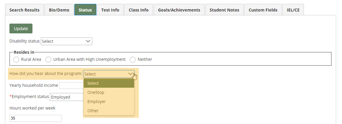 Student: Status page with "How did you hear about the program" field highlighted