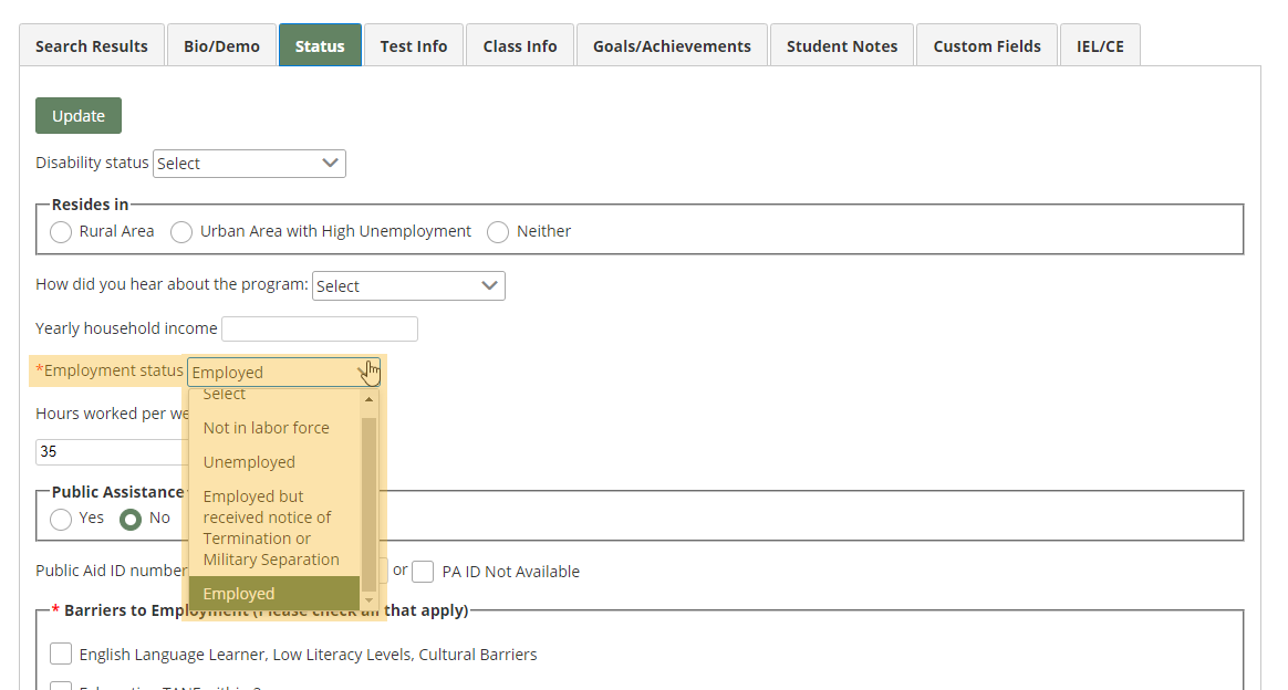 Student: Status page with Employment Status field highlighted