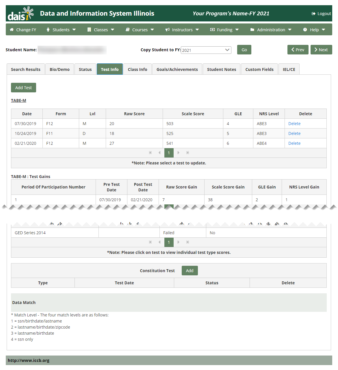 Student: Test Info page