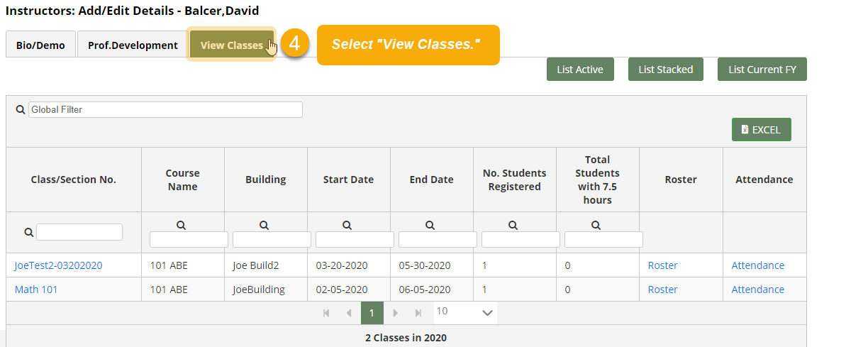 Instructor page with steps outlining how to view an instructor's classes