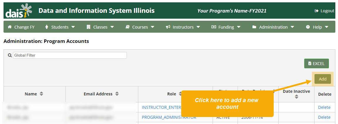 Administration: Program Accounts page with Add button highlighted