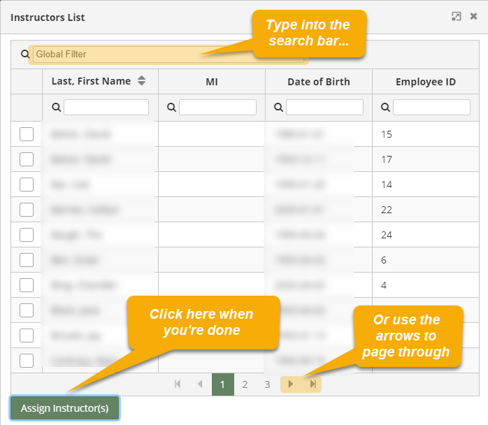 Instructors List pop-up window with "Global Filter" search bar and page arrows highlighted