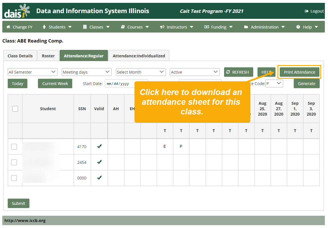 Regular attendance grid with "Print Attendance" button highlighted