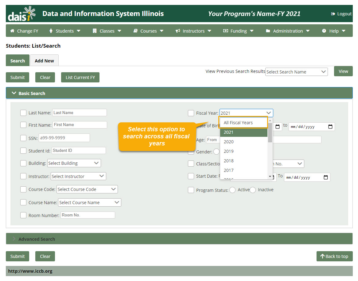 Students Search page with Fiscal Year Dropdown menu emphasized