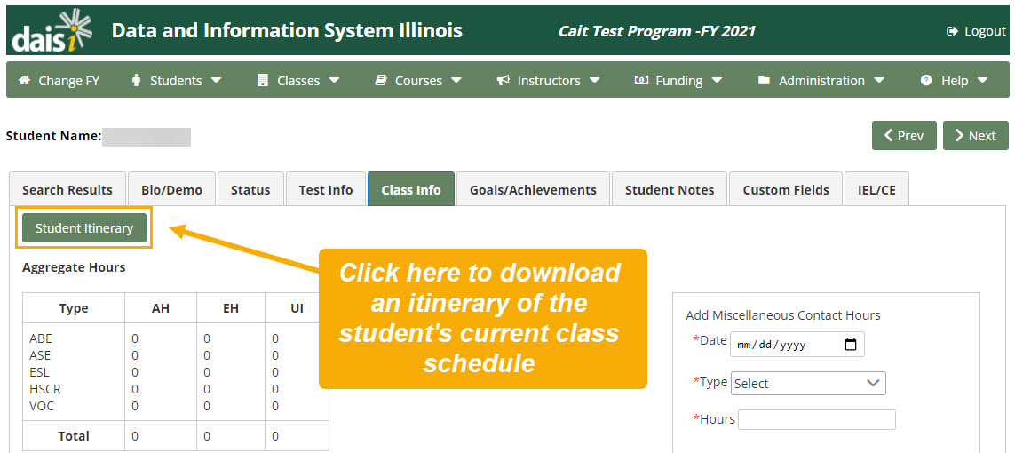 Student Class Info page with "Student Itinerary" button highlighted
