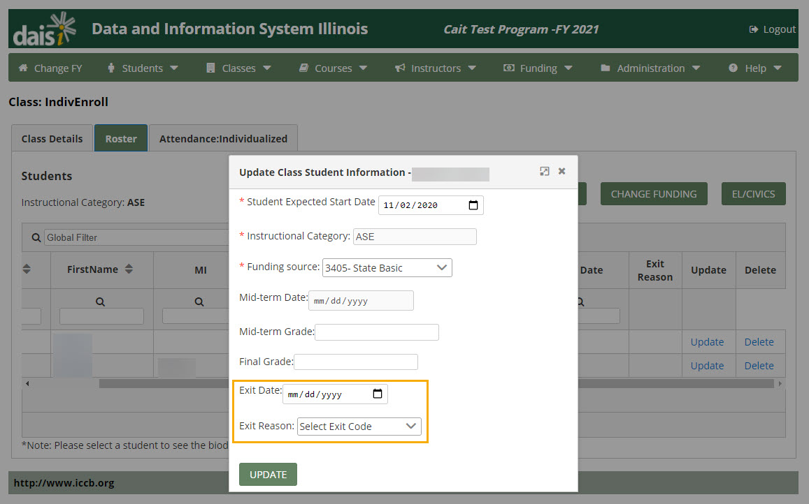 Update window from Classes: Roster page