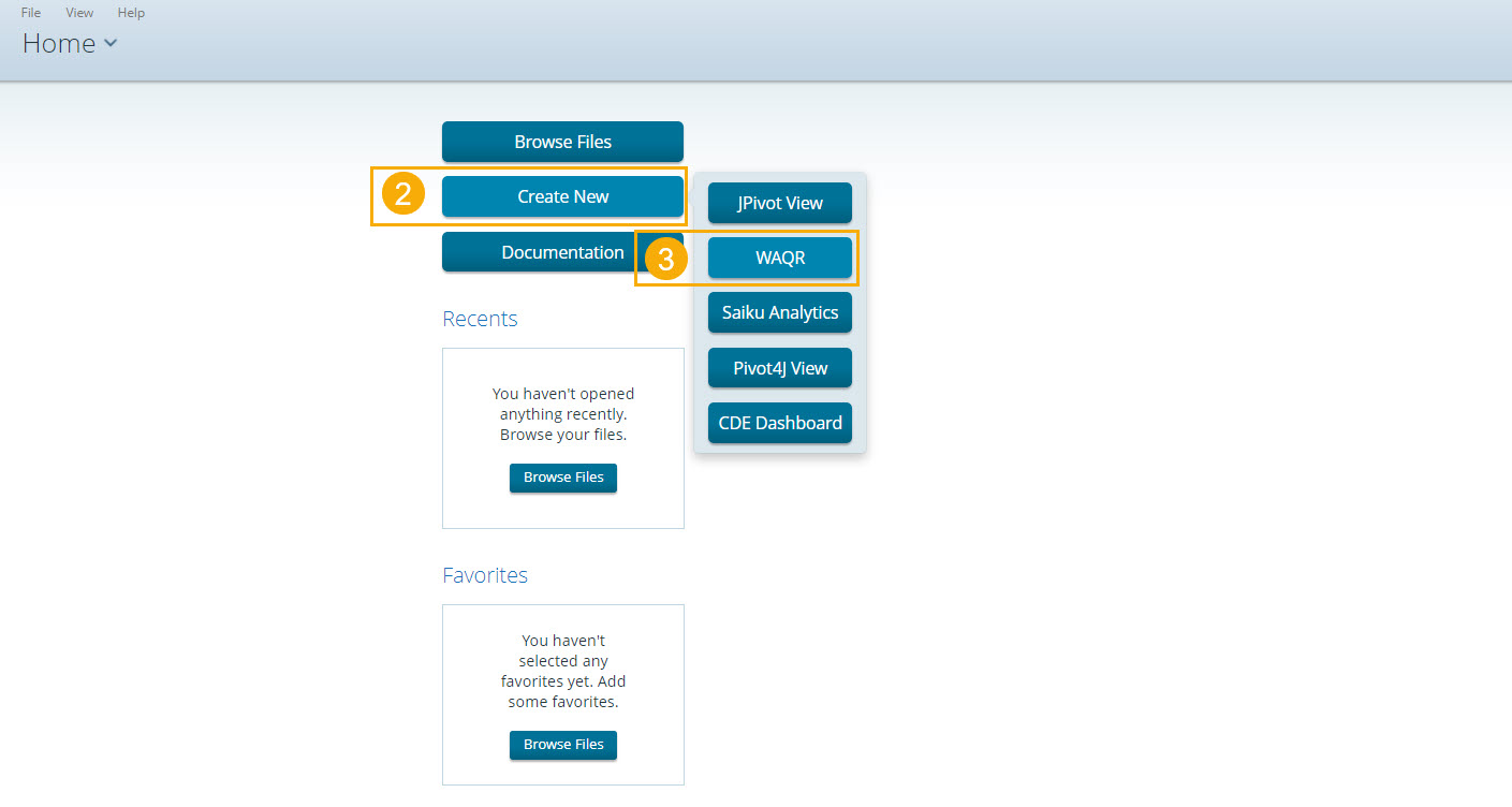 Pentaho Home page with "Create New" and "WAQR" buttons emphasized