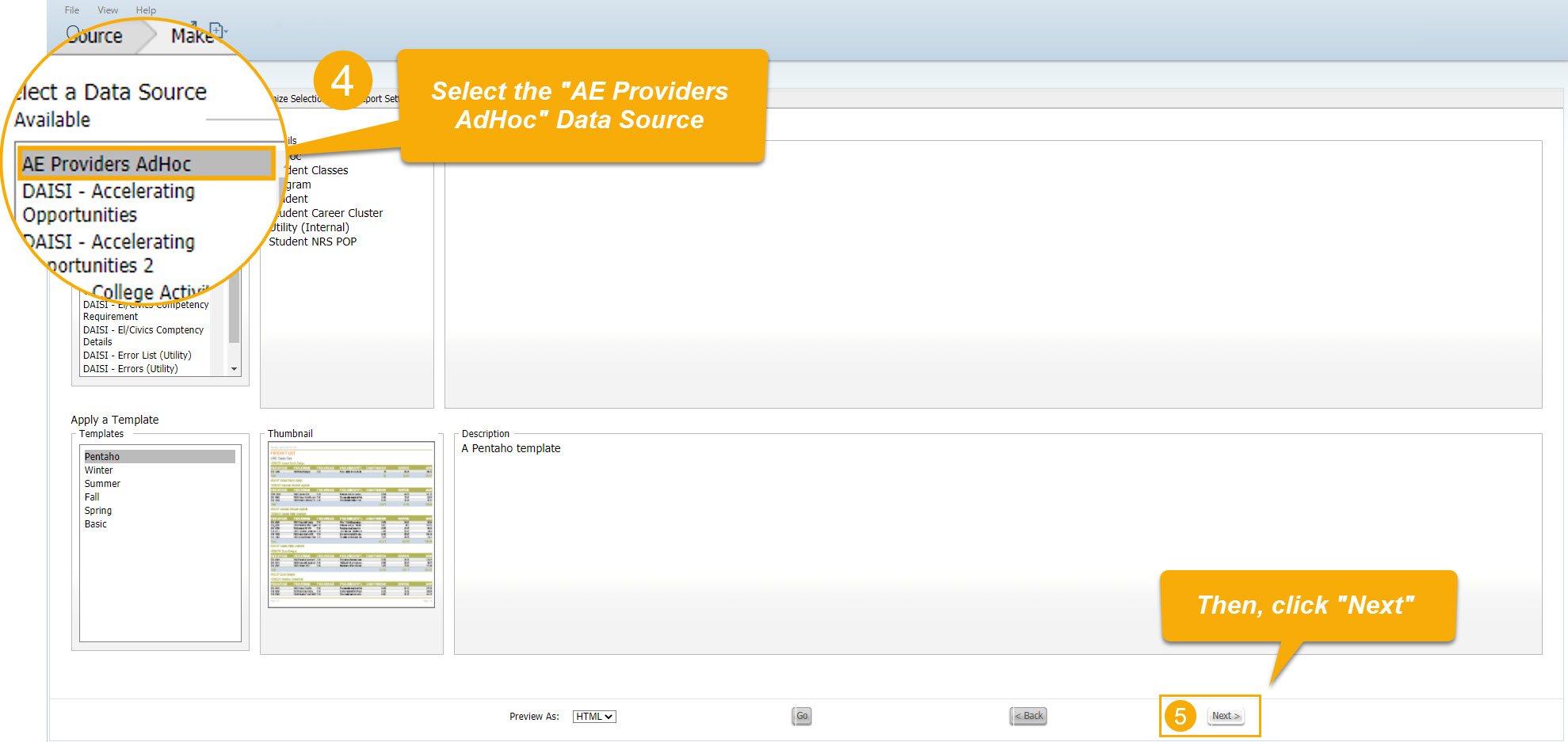 Pentaho Ad Hoc page with "AE Providers AdHoc" option magnified