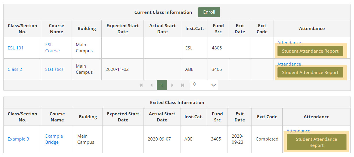 Student Classes page with Attendance Report button highlighted