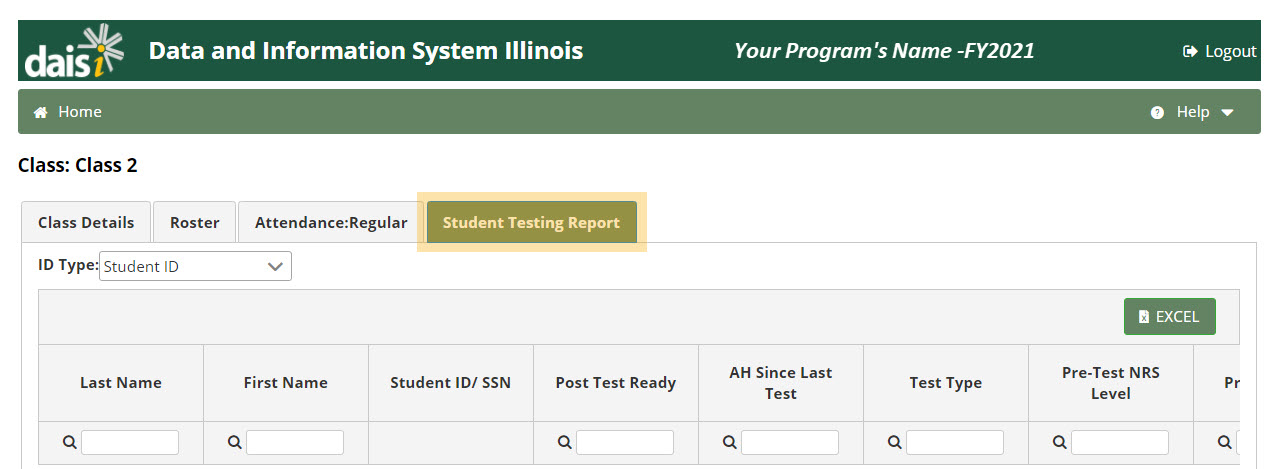 Student Testing Report Tab of Class page