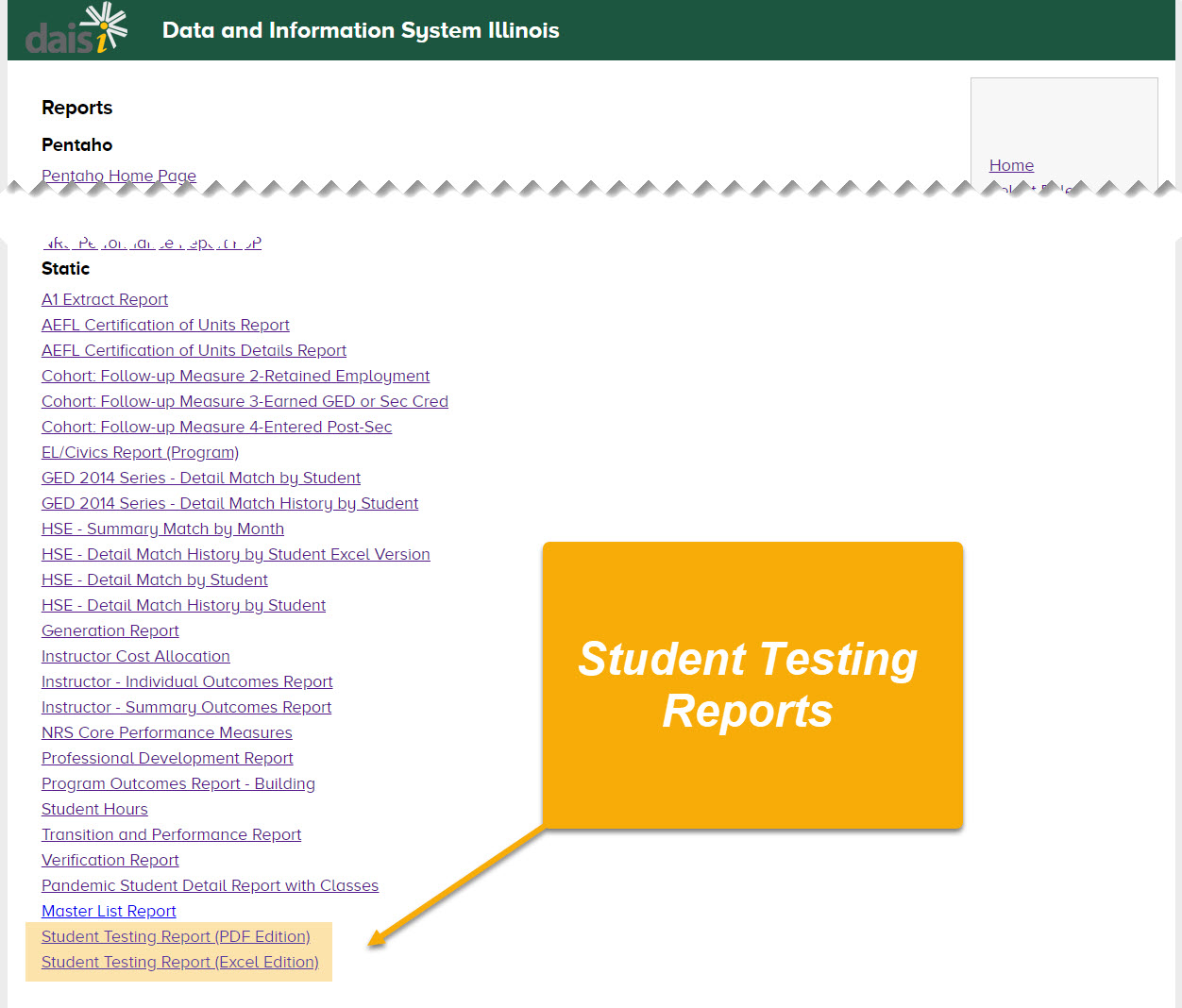 Reports page with student testing reports highlighted