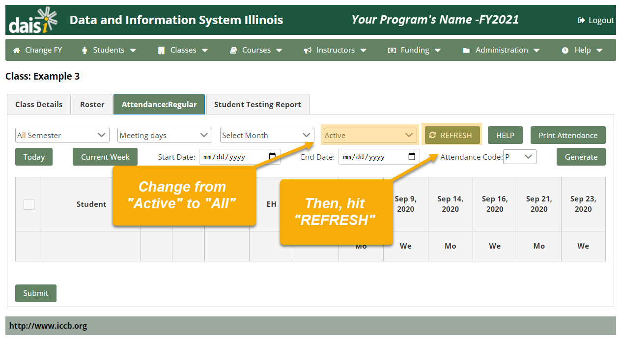 Attendance grid with "Active" drop-down menu highlighted