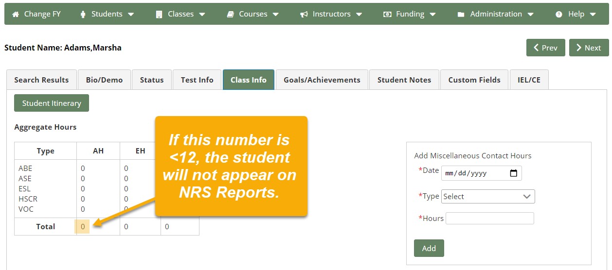 Aggregate Hours Table on Class Info page